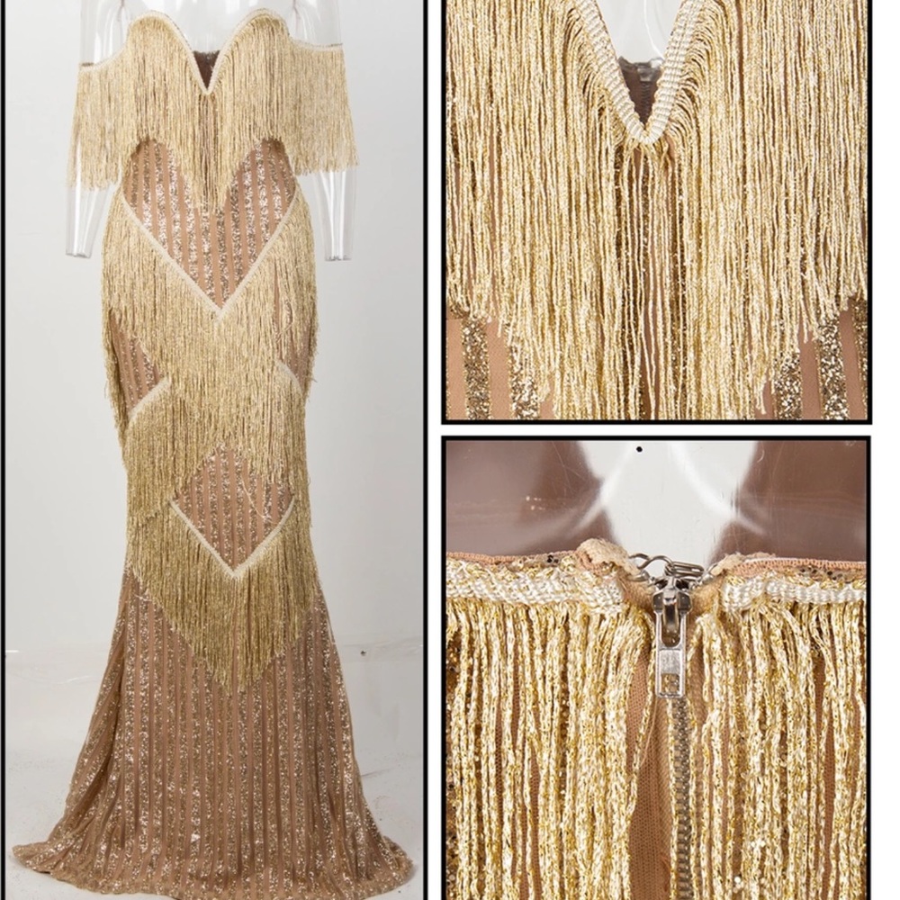 💛 V-Neck Gold Fringed Stripe Glitter Long Dress (WORN ONCE) - Picture 5 of 6